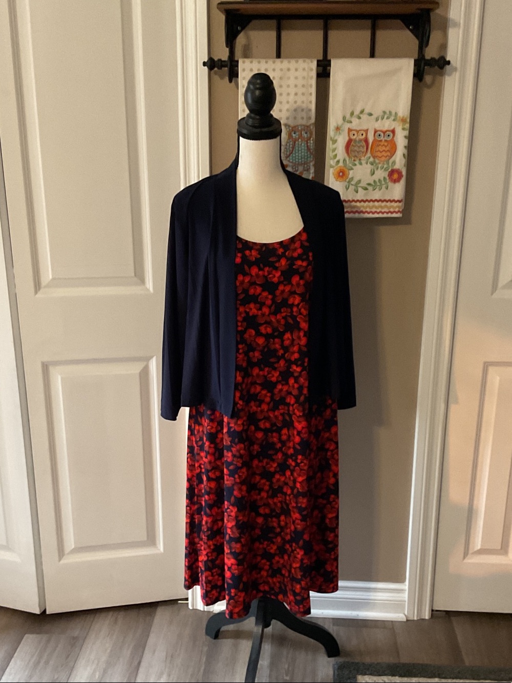 Perceptions Navy Cardigan with Red Floral Midi Dress